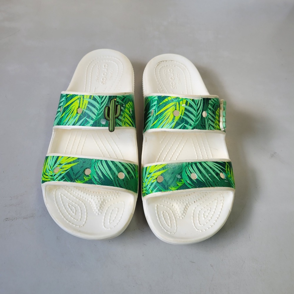 Crocs Classic Tropical Comfort Sandal Green White Leaves Slip On Slides 9